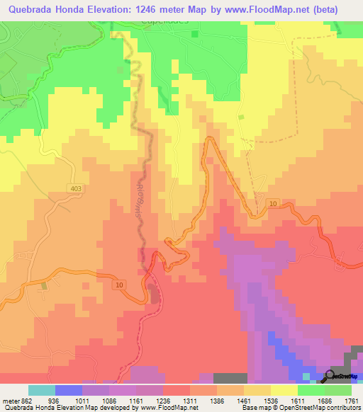 Quebrada Honda,Costa Rica Elevation Map