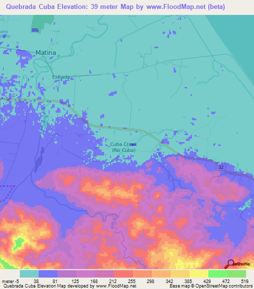 Quebrada Cuba,Costa Rica Elevation Map