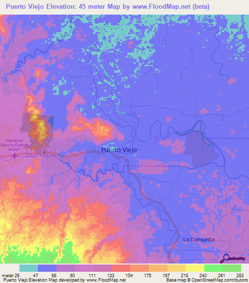 Puerto Viejo,Costa Rica Elevation Map