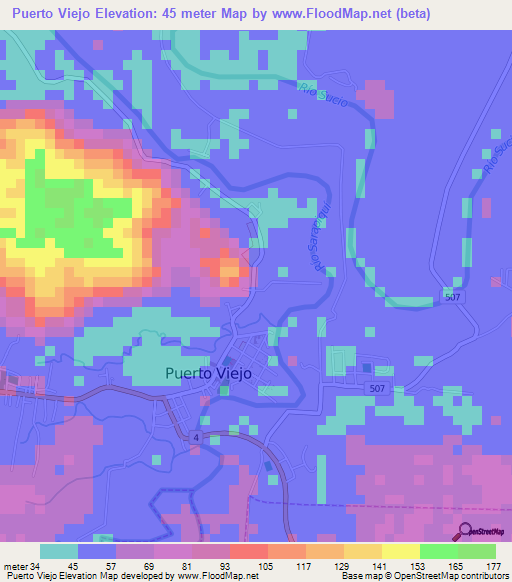 Puerto Viejo,Costa Rica Elevation Map
