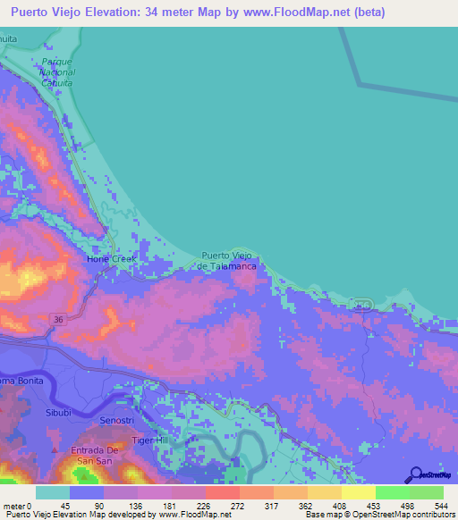 Puerto Viejo,Costa Rica Elevation Map