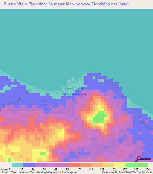 Puerto Viejo,Costa Rica Elevation Map