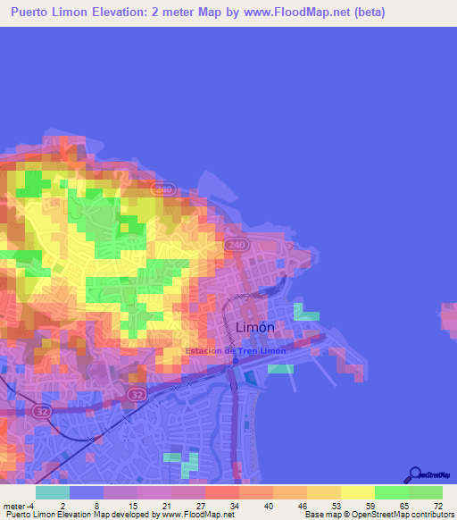 Puerto Limon,Costa Rica Elevation Map