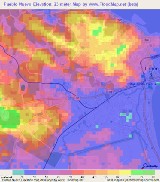Pueblo Nuevo,Costa Rica Elevation Map