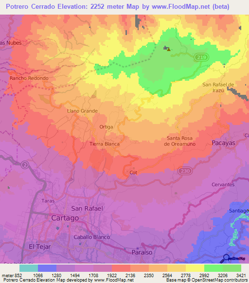 Potrero Cerrado,Costa Rica Elevation Map