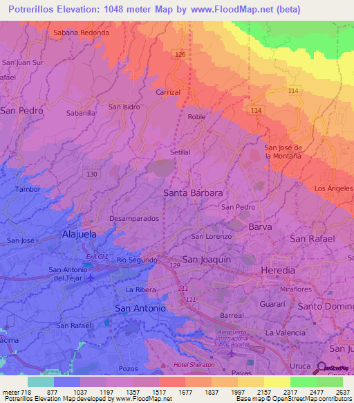 Potrerillos,Costa Rica Elevation Map