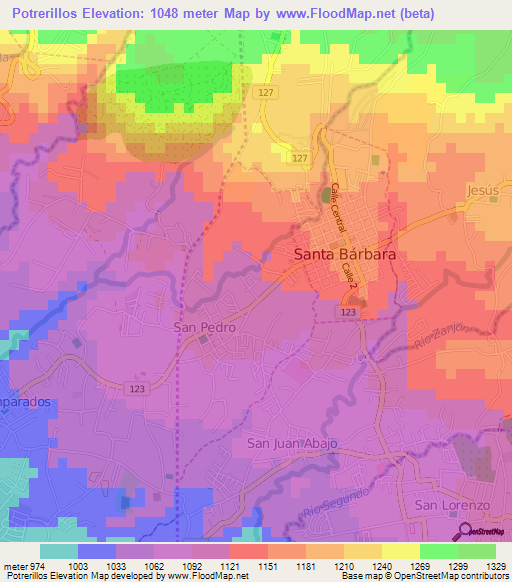 Potrerillos,Costa Rica Elevation Map