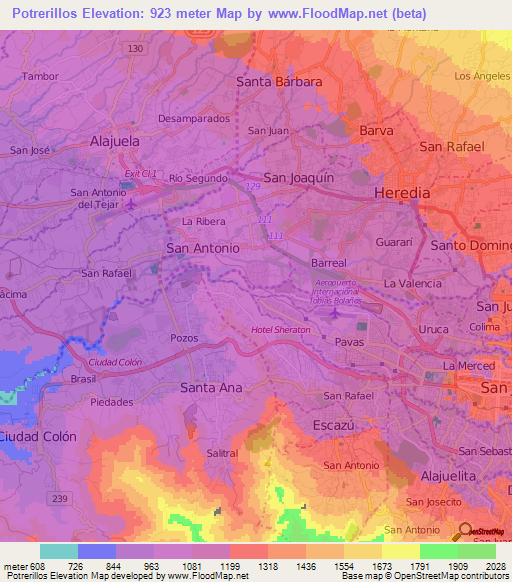 Potrerillos,Costa Rica Elevation Map