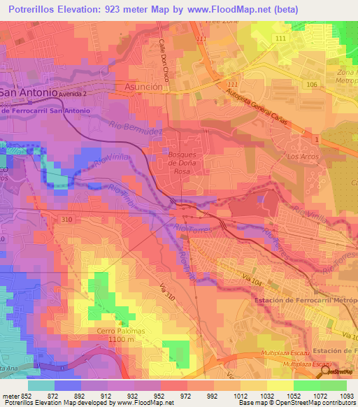 Potrerillos,Costa Rica Elevation Map