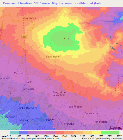 Porrosati,Costa Rica Elevation Map