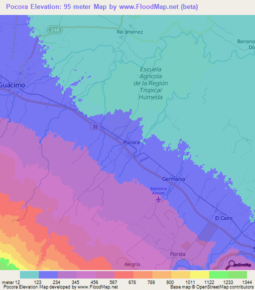Pocora,Costa Rica Elevation Map