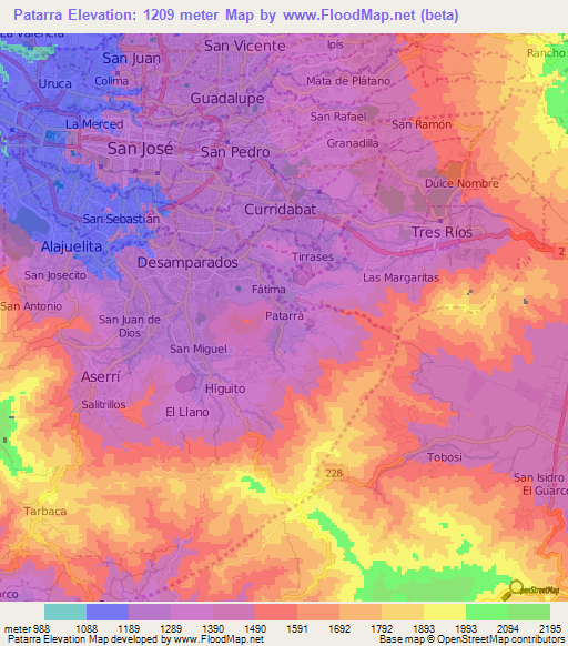 Patarra,Costa Rica Elevation Map
