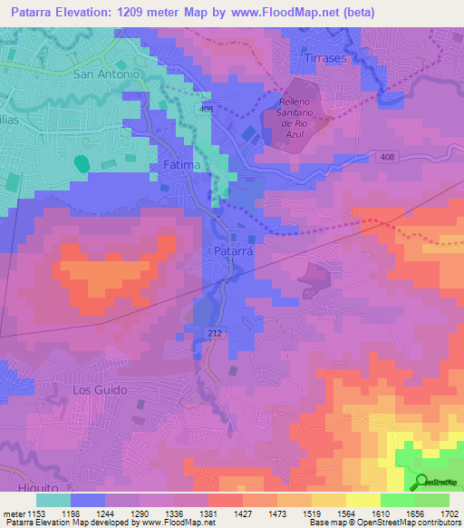 Patarra,Costa Rica Elevation Map