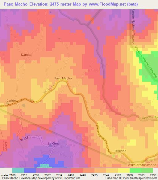 Paso Macho,Costa Rica Elevation Map