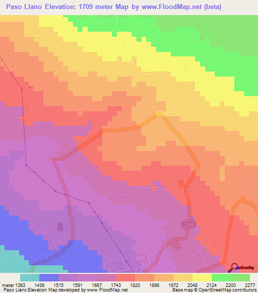 Paso Llano,Costa Rica Elevation Map