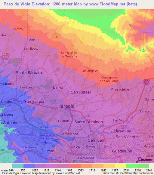 Paso de Vigia,Costa Rica Elevation Map