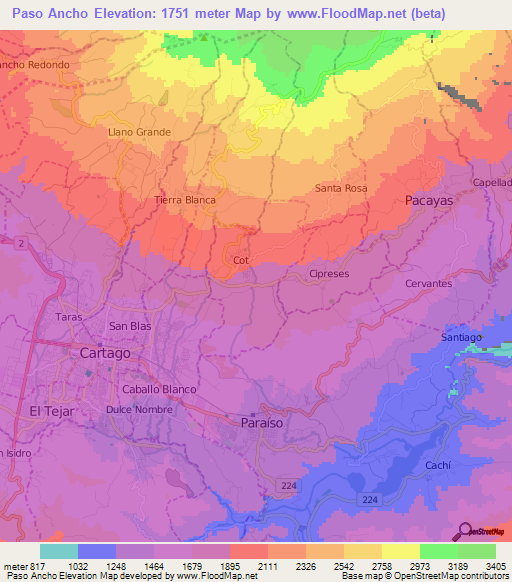 Paso Ancho,Costa Rica Elevation Map
