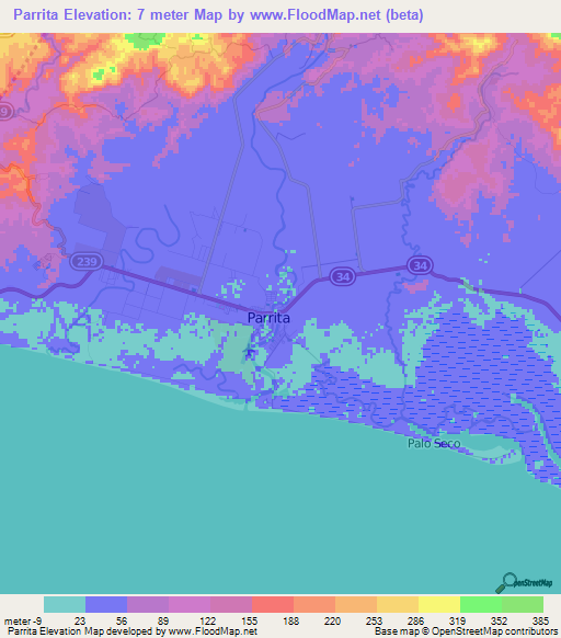 Parrita,Costa Rica Elevation Map