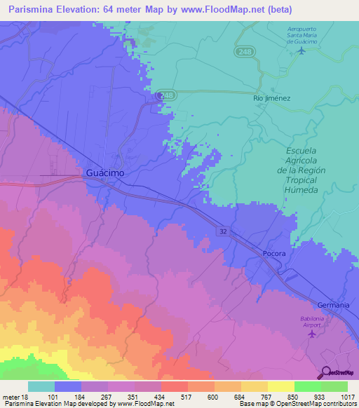 Parismina,Costa Rica Elevation Map