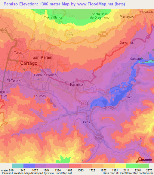 Paraiso,Costa Rica Elevation Map