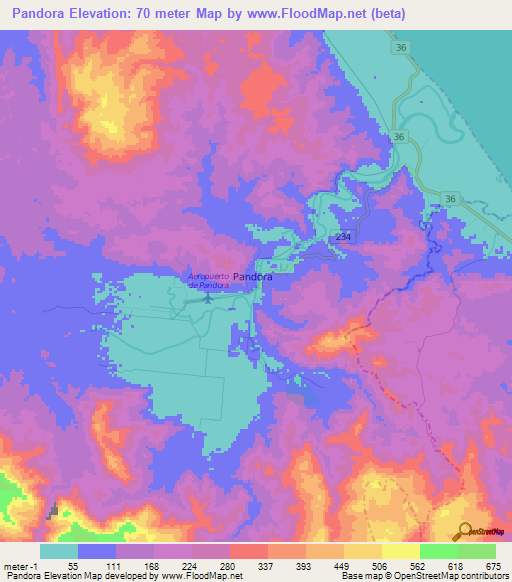Pandora,Costa Rica Elevation Map