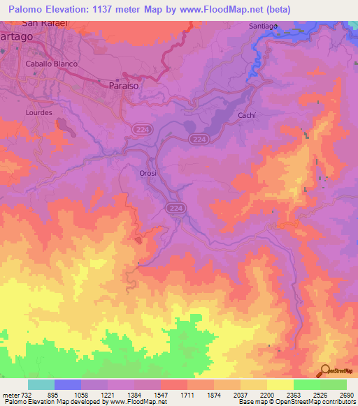Palomo,Costa Rica Elevation Map
