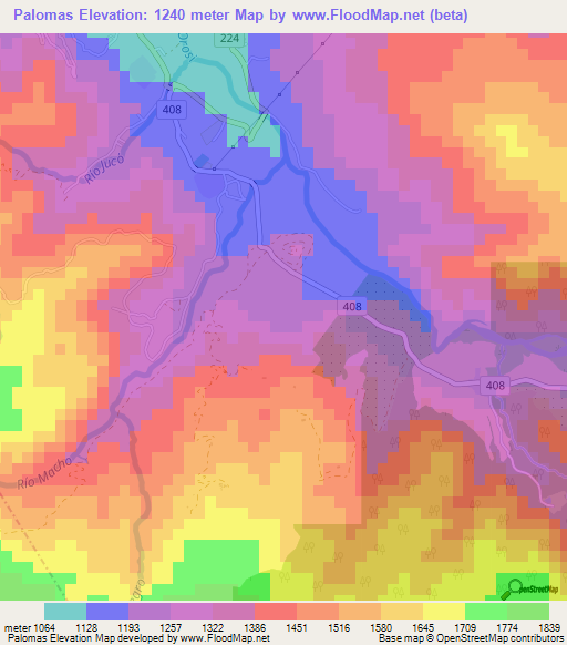 Palomas,Costa Rica Elevation Map