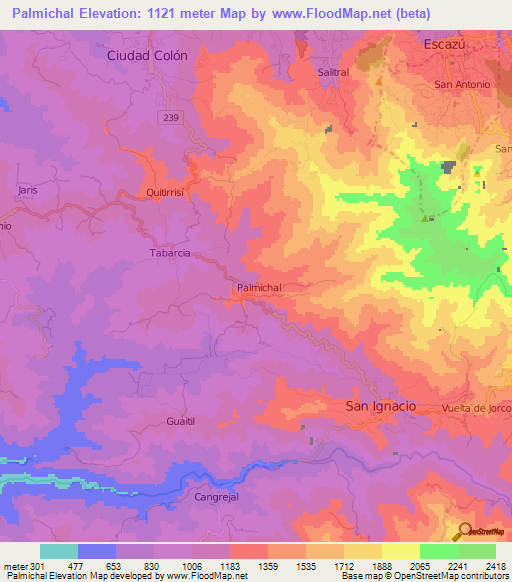 Palmichal,Costa Rica Elevation Map