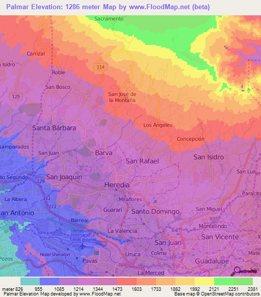 Palmar,Costa Rica Elevation Map