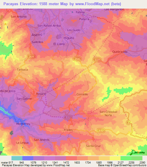 Pacayas,Costa Rica Elevation Map