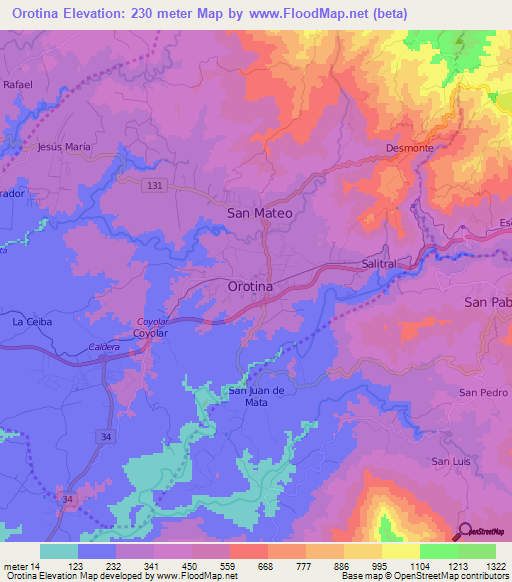 Orotina,Costa Rica Elevation Map