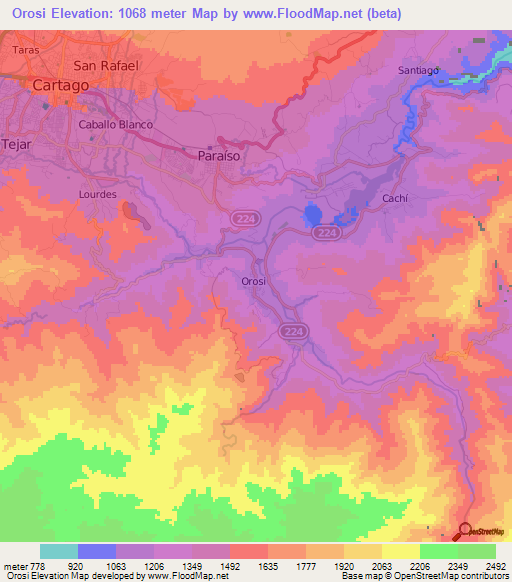 Orosi,Costa Rica Elevation Map