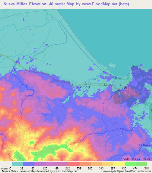 Nueve Millas,Costa Rica Elevation Map