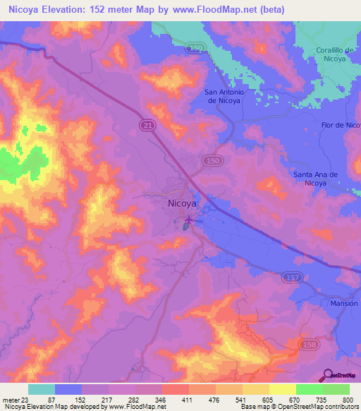 Nicoya,Costa Rica Elevation Map