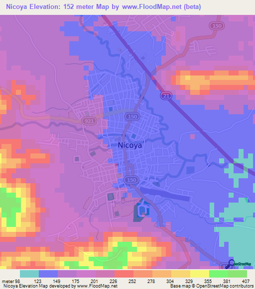 Nicoya,Costa Rica Elevation Map
