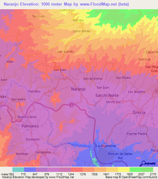 Naranjo,Costa Rica Elevation Map