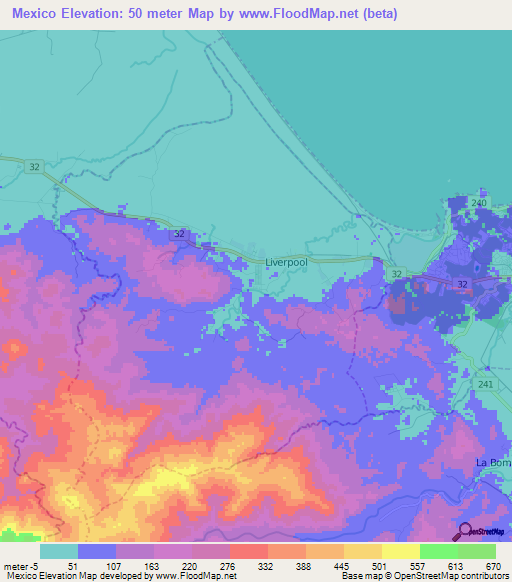 Mexico,Costa Rica Elevation Map