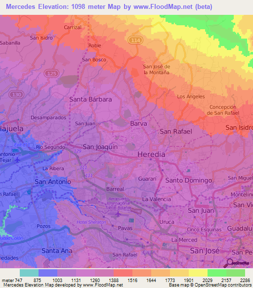 Mercedes,Costa Rica Elevation Map