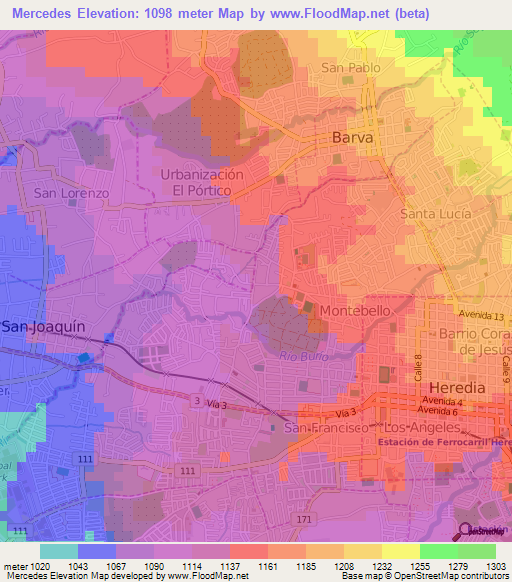 Mercedes,Costa Rica Elevation Map