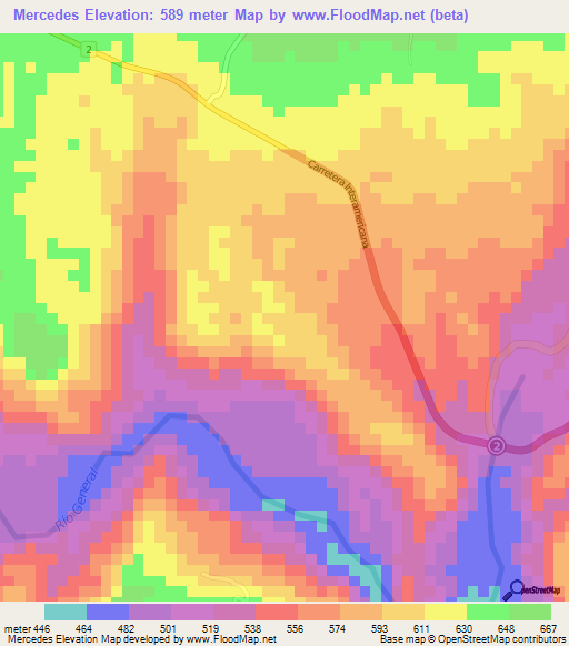 Mercedes,Costa Rica Elevation Map