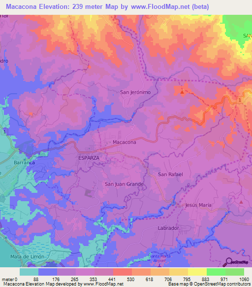 Macacona,Costa Rica Elevation Map
