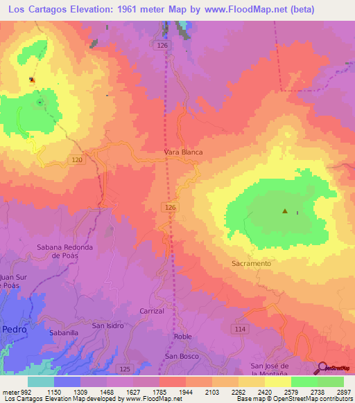 Los Cartagos,Costa Rica Elevation Map