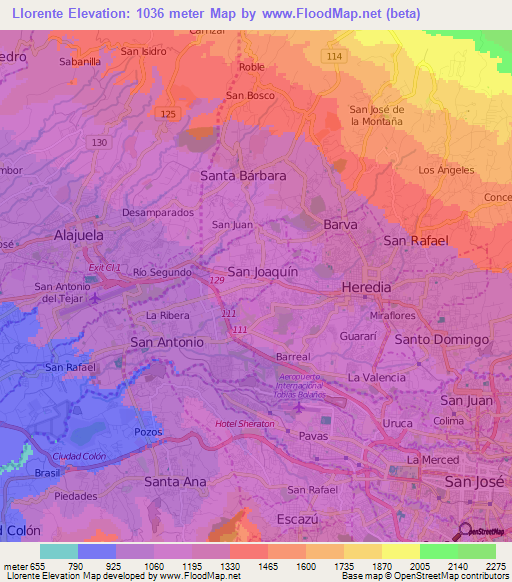 Llorente,Costa Rica Elevation Map