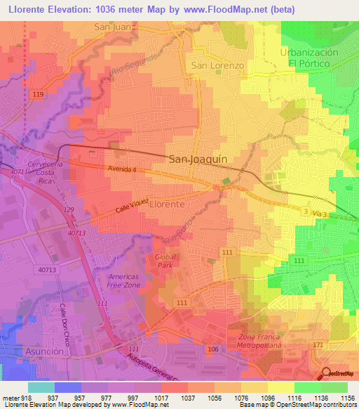 Llorente,Costa Rica Elevation Map