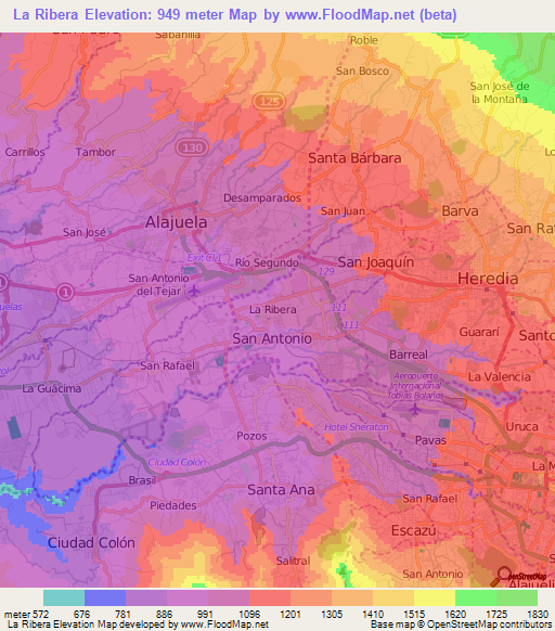 La Ribera,Costa Rica Elevation Map