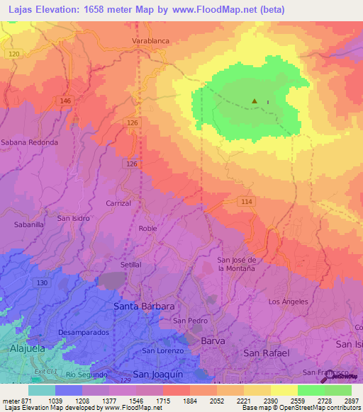 Lajas,Costa Rica Elevation Map