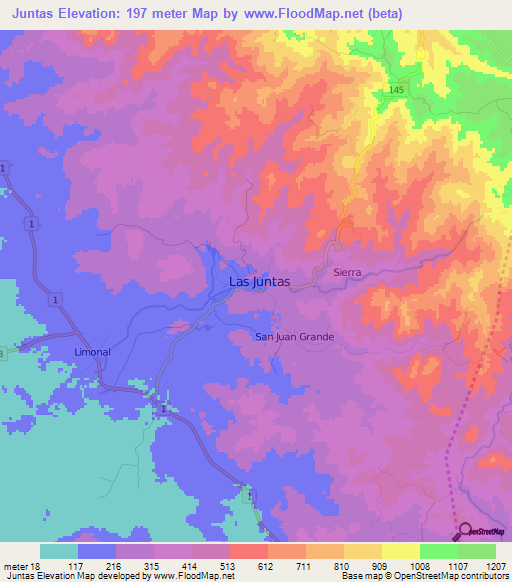Juntas,Costa Rica Elevation Map