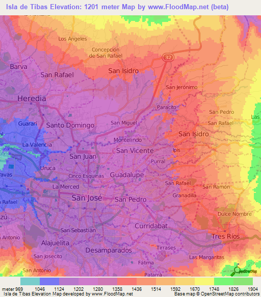 Isla de Tibas,Costa Rica Elevation Map