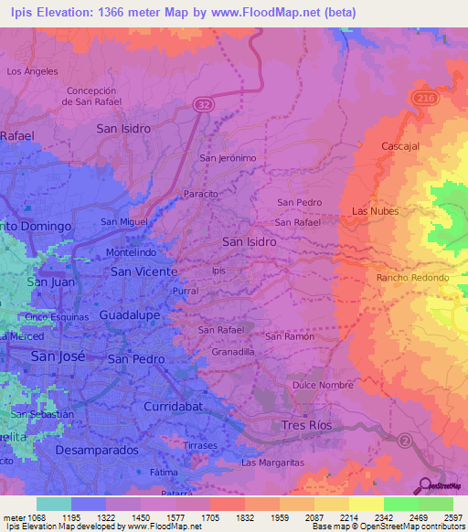 Ipis,Costa Rica Elevation Map