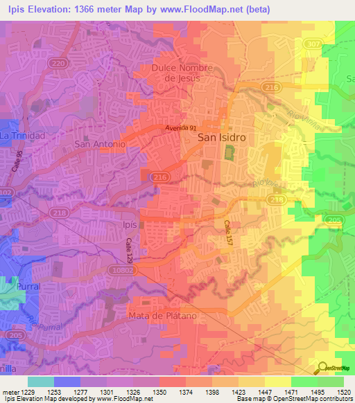 Ipis,Costa Rica Elevation Map